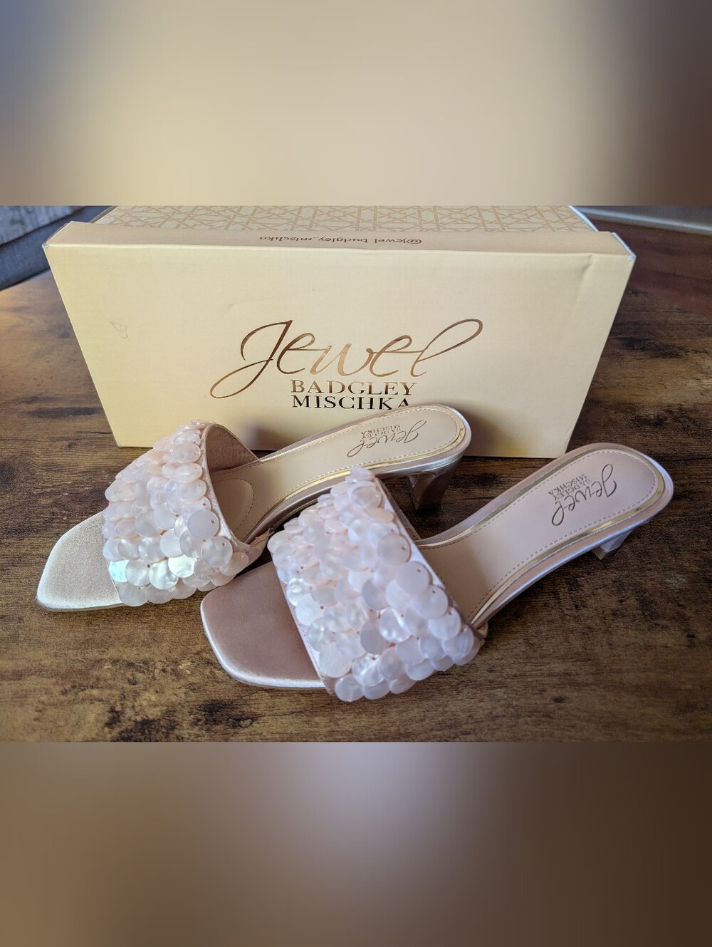 Jewel Badgley Mischka Pink Sequin Slide Sandals With Kitten Heel